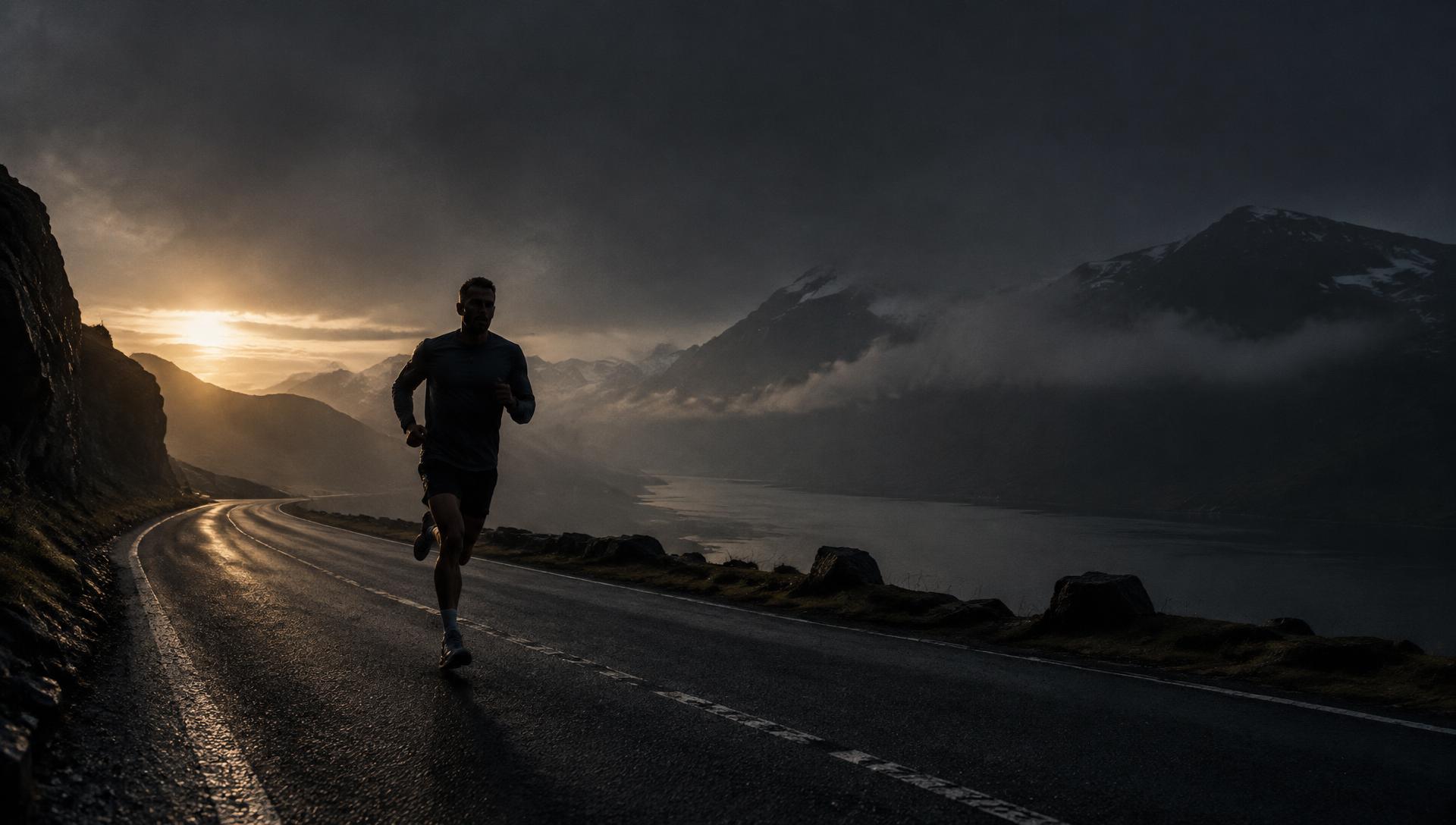 A lone runner on an empty mountain road at dawn