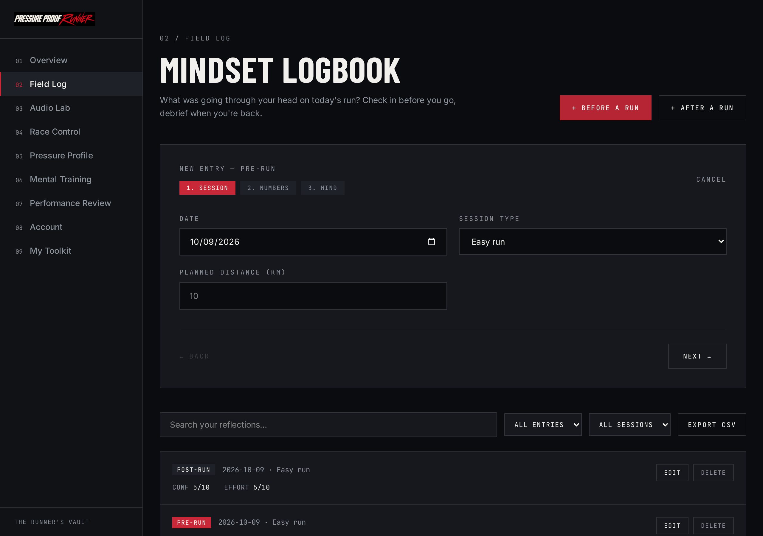 The pre-run check-in: a three-step entry for session, numbers and mindset