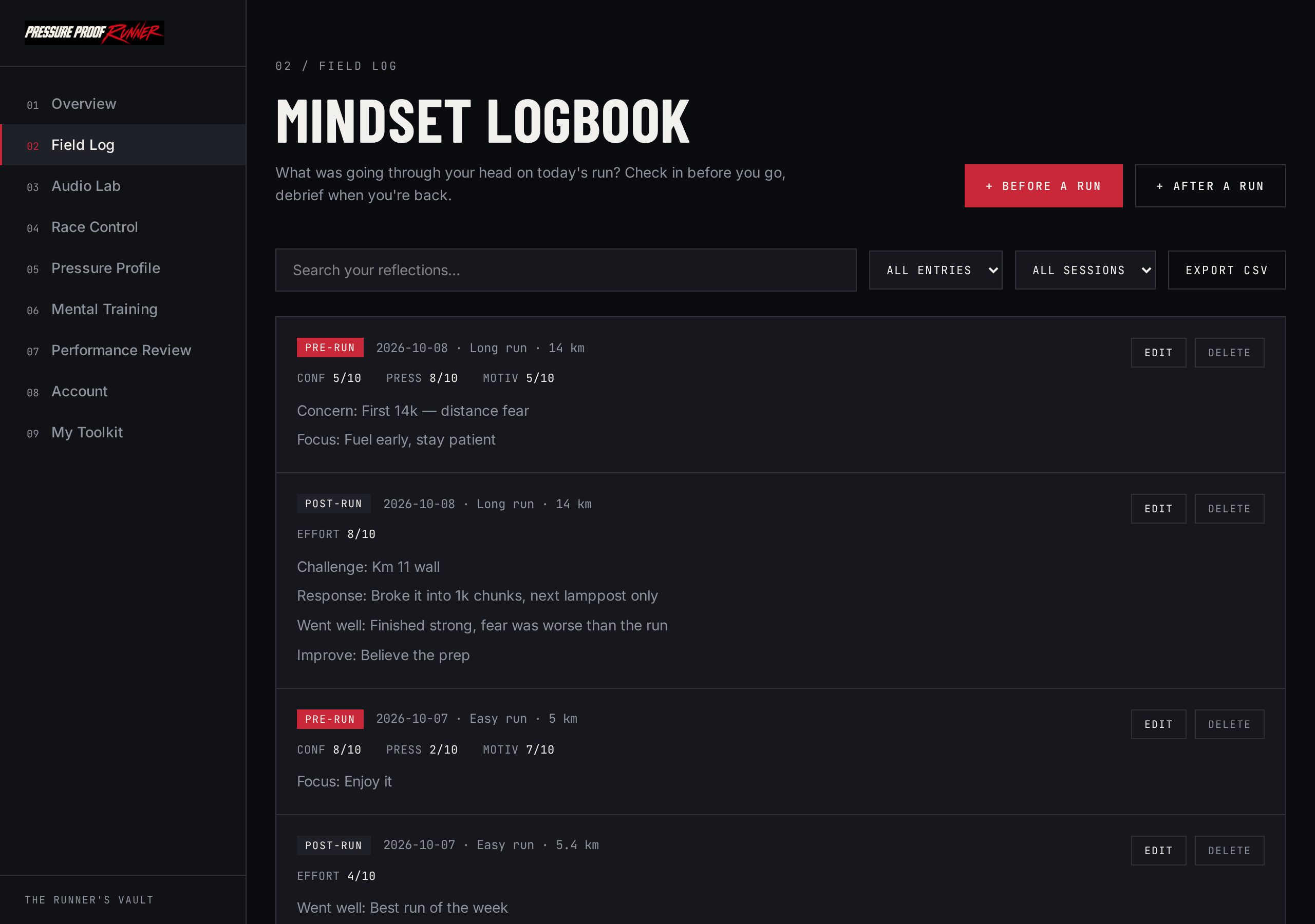 The Field Log: a mindset logbook with pre-run and post-run entries